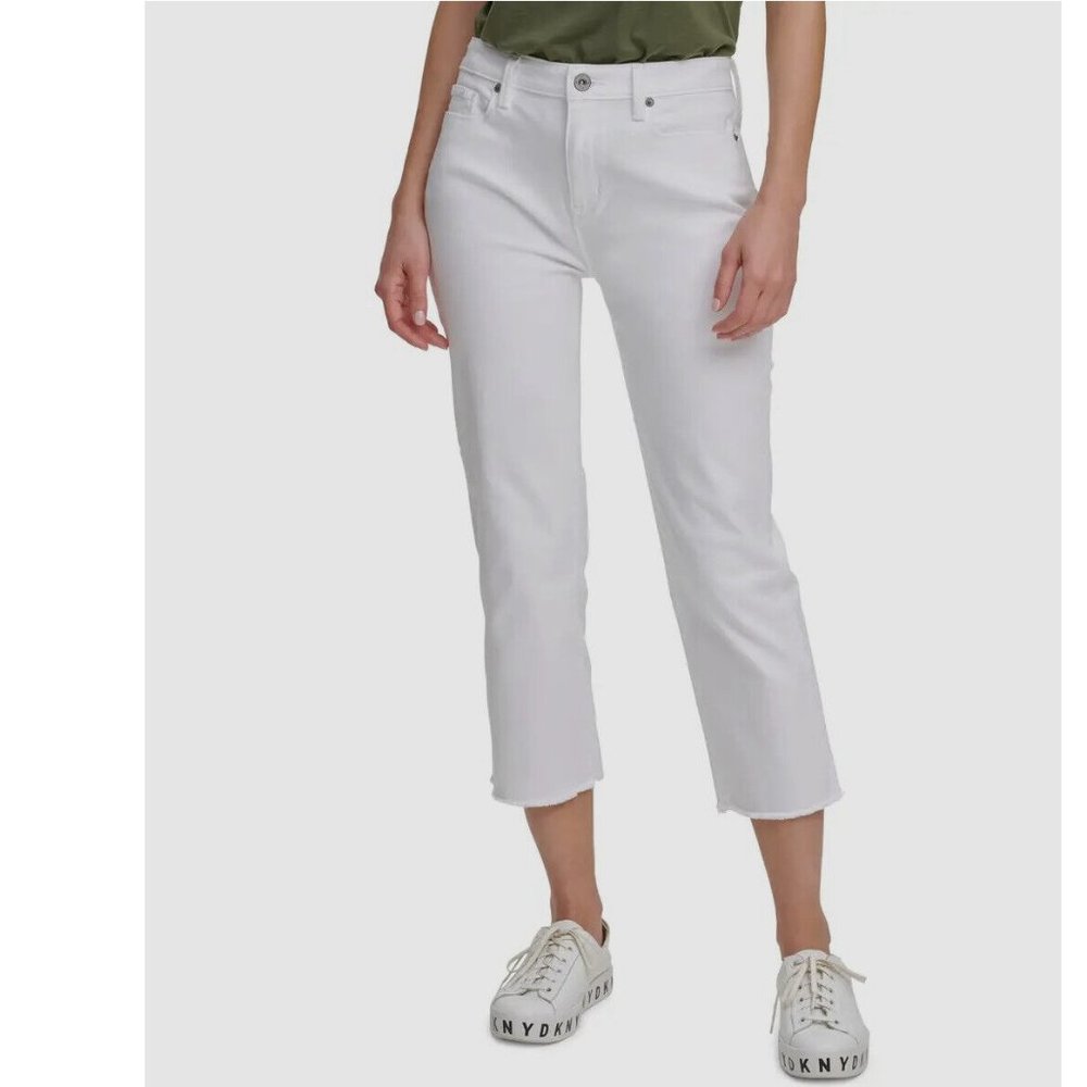 DKNY Jeans Rivington Slim Straight Cropped Raw-hem Jeans White Size 2 6 14 20W